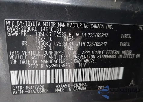 2019 Toyota Rav4 Xle z USA, uszkodzony, nr VIN 2T3P1RFV5KW046926